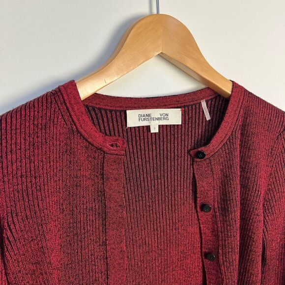 Diane Von Furstenberg Metallic Merino Wool Blend Cardigan Sweater Red P / XS - Picture 3 of 11